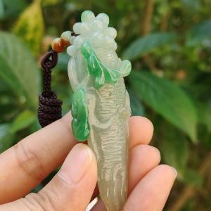 With Green and Light Green Ginseng Ruyi Natural Type A Jadeite pendant come with certificate weight 40.59 grams 72.30 * 24.80 * 20 mm meaning Auspicious representing good luck happiness joy and wealth boosting you wearing it (pendant97)