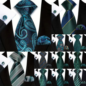 Fashion 8cm Mens Tie Dark Green Solid Paisley Striped Floral Necktie Handkerchief Cufflinks Set for Wedding Business Party