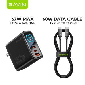 BAVIN PC2197 GaN 67W PD Fast Charger Adapter w/ Smart LED Display+Foldable Plug+3 USB Ports for iPh 18 & Laptop