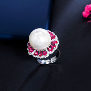 SEQUITO Delicate Ladies Jewelry White Gold Plated Full Pave Setting Red White AAA Zirconia Big Pearl Adjustable Ring Finger Accessories for Women Banquet Party SR070