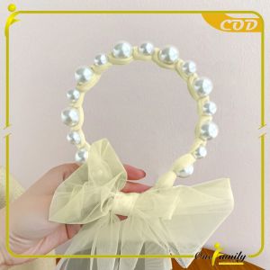 ONE-C935 Bandana Mutiara Pita Tulle Panjang Bisa diikat Wanita Korea / Bando Mutiara Tali Kepang Ribbon Pearl / Bando Anak Perempuan / Bando Tali Kepang Import