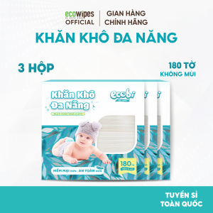 Combo 03 hộp khăn vải khô đa năng cao cấp an toàn cho bé Ecowipes hộp 180 tờ 300g không mùi mềm dai thấm hút tốt
