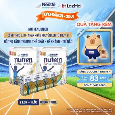 Bộ 2 Sữa Bột Dinh Dưỡng Y Học NESTLÉ NUTREN JUNIOR Xuất Xứ Thụy Sĩ Công Thức BIG Hỗ Trợ Tăng Trưởng Thể ChấtTrí NãoĐề Kháng Cho Bé 800G + 1 Lốc Sữa pha sẵn 110ML/hộp