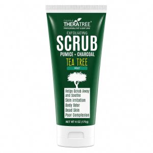 TheraTree Tea Tree Oil Exfoliating Body Scrub - Deep Cleansing Foot & Body Charcoal Scrub with Peppermint Spearmint & Neem - Soothing Exfoliator for thy-Looking Skin 6 oz