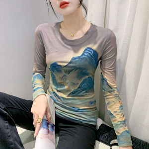 YIMEI Korean V-neck Mesh Top Beautiful Womens T-shirt Fashion Retro Tie Dyed Bottom Shirt Plus Size