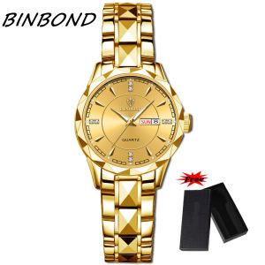 [With Free Box] BINBOND Fashion Womens Watches Luxury Brand Dual Calendar Luminous Prismatic Diamond Dial Stainless Steel Strap Waterproof Quartz Wristwatch Fashion Casual Golden Watch B5552W