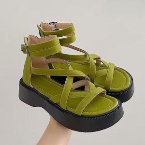 Thick soled woven womens wedge sandals 2023 summer new rear zipper sponge sole Roman sandals