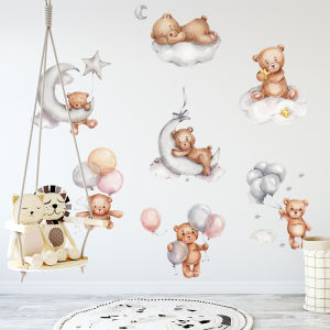 New Funny Cute Teddy Bear Kids Room Wall Stickers Baby Nursery Room Decoration Wall Decals Watercolor Style Home Decor Interior