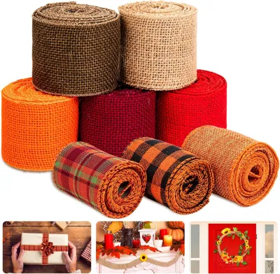 1Roll Burlap Ribbon - Assorted Fall Wired Wrapping Rustic Plaid Craft for Gift Wrapping Thanksgiving Christmas Wedding Autumn Harvest Wreath Decor（6cmx3Meters)