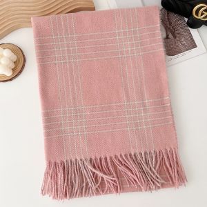 FWFHTP Cashmere giả Khăn quàng kẻ sọc Họa tiết kẻ sọc Viền tua rua Khăn quàng cổ mùa đông Phong cách Hàn Quốc Khăn quàng cổ Đi làm hàng ngày