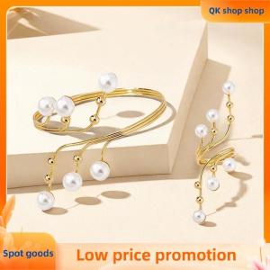 ✨QK shop✨ 2025 Classic Gold Tiered Line Bracelet Ring Open White Pearl Ring Bracelet For Women Summer Beach Party Jewelry Gift Set