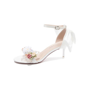 2308-9 Open-Toe Sandals with Satin Bow and Appliqué One-Strap Fairy Dress Luxury Wedding Shoes with Exquisite High-End Feel