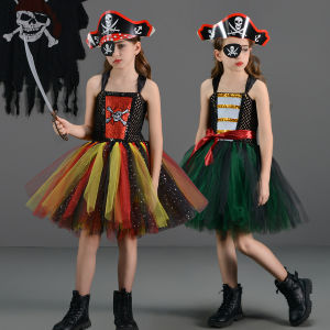 11.11 Girls Pirate Skeleton Printed Mesh Dress Kids Halloween Carnival Holiday Party Dress Up Stage Performance Sister Matching Outfit h2610