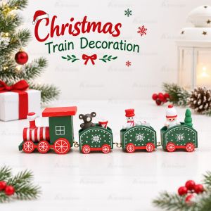4-Carriage Wooden Christmas Train Set Holiday Table Ornament Cake Topper Xmas Home Decoration