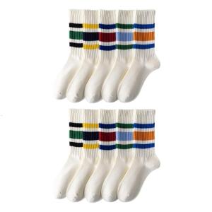 5 Pairs Crew Length Cotton Socks Vintage Stripe Design Stretchy Textile Slouch Socks Assorted Colors Everyday Essential