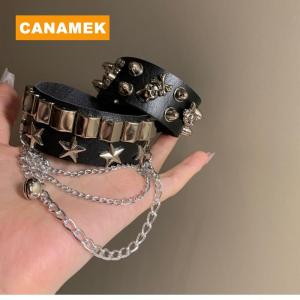 【CANAMEK】 Punk Gothic Skull Bracelet Chains Metal Spikes Rivet PU Leather Wristband Cuff Bangle Wide Cuff Bracelet Women Men Jewelry