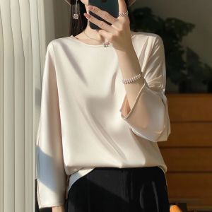 Womens T-shirt Summer New Silk Three-quarter Sleeve Casual Solid Satin Blouse Round Neck Satin Tops Ladies Clothes Loose Tees2026