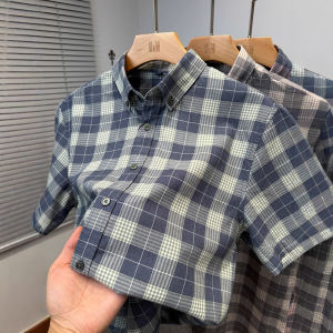 Grid style mens shirt 2026 new short sleeved summer versatile casual fashion young and middle-aged light luxury shirt