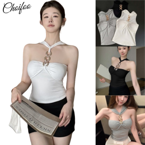 ChoiFoo 2025คอเสื้อกล้ามเสื้อบังทรงสำหรับผู้หญิงใหม่พร้อมเบาะรองหน้าอกสไตล์เกาหลีโชว์หลังเผ็ดเสื้อแขนกุดสาวเข้ารูปพอดีเสื้อเอวลอยเสื้อแขนกุดบางนุ่มแนะสวมสบายเสื้อแขนกุดเป็นมิตรกับผิว