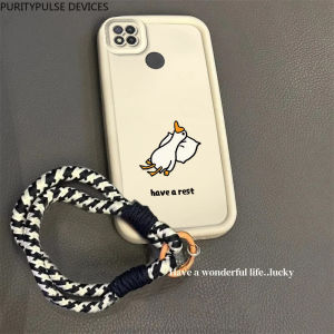 casing hp Redmi 10A terbaru 2024 Berbaring bebek datar kartun yang lucu Lanyard Anti -fall Model pasangan