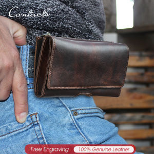 CONTACTS Genuine Leather Waist Packs for Men Travel Belt Pouch Small Zipper Waist Bags Phone Pocket Male Card Holders