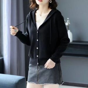 Hooded Knitted Blouses for Women Long Sleeve Sweater Open Shirt New Fashion All-match Loose Plain Tops
