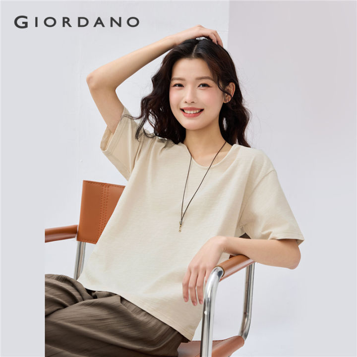GIORDANO Women T-Shirt Slub Cotton Solid Color Simple Basic