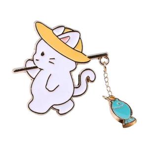 Playful Cats Fishing Brooch Adorable Alloy Pin Lightweight Design For Kids Adults Fashion Accessory With Colorful Fish Charm