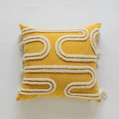 30x50cm/45x45cm Yellow Chenille Cushion Cover Handmade Loop Tuft Textured Throw Pillow Cover with Tassels Boho Modern Pillowcase for Home Sofa