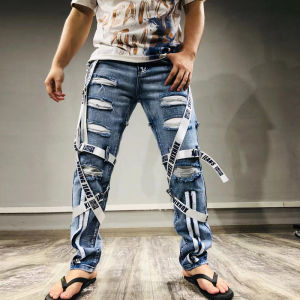 Mark Belt Mens Trendy Patch Webbing Jeans Ripped Zipper Slim Fit Splicing Camouflage Personality Pants Male