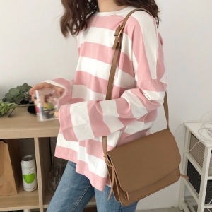 Kaos Wanita Lengan Panjang Polos Garis Korea Atasan Kasual Tipis Longgar
