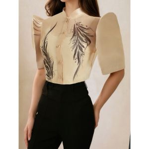 Amyenjoylife Modern Filipiniana Tops WomenS Stand-Up Shirt Blouses Women Semi Formal Puffy Sleeves Tops Elegant For Women Filipiniana Office Work【1-3 Day Delivery🚀】