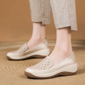 [Free Shipping] Authentic Genuine Soft Leather Thick-Soled WomenS Shoes 2026 New Style Ultra-Soft Comfortable For Middle-Aged And Elderly Women Soft Leather Soft Sole Hollow Design Mom Shoes Flats