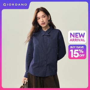 Giordano Women Striped crossover collar long sleeve shirt Free Shipping 18346730