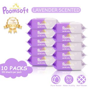 Poomsoft 10 Packs 1000 Pcs Baby Wet Wipes Lavender Scented No-Alcohol Gentle Disposable Cotton Wipes