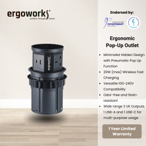 Ergoworks Pop Up Power Outlet Pneumatic Desk Grommet With 15W Wireless Charger GS239