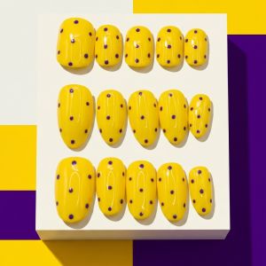 Yellow Purple Polka Dot Press On Nails Short Almond Handmade Fake Nails Glossy Reusable False Nails