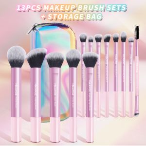 MAANGE 13Pcs Tabung Kristal Pink Set Kuas Makeup Transparent Colorful Storage Bag Kuas Kontur Perona Bedak Profesional Lengkap Untuk Pemula 52037+XSB
