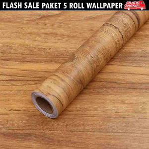 Paket 5 Roll Wallpaper Dinding Motif Serat Kayu Triplek plywood PVC Sudah Ada Lem Perekat Ukuran 45cm x 4m