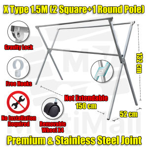 X MODEL - 1.5M ( WITH WHEEL) Stainless Steel Drying Rack| Foldable Laundry Rack| Drying Rack| Laundry| Laundry Organiser| Drying Rack clothes| Drying clothe Folding| Cloth Laundry Drying Rack Retractable| Space Saving storage