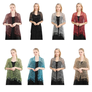 Shinning Sequins Lace Scarf for Hot Summer Lightweight Shawl with Tassels Trim for Ladies Mother Wedding Church