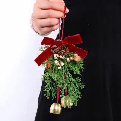 NCNC Metal Bell Christmas Wreath Pine Cones Velvet Bow Door Garland Chic Artificial Greenery Xmas Tree Hanging Ornaments Party