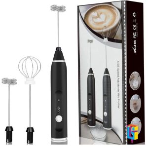 USB Rechargeable Milk Frother Handheld Electric Foam Maker Mixer Speed Adjustable with 2 Stainless Steel Whisks