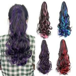 BEAUTYLADIES Synthetic Colorful Gradient Ponytail Wig Curly Hair Extension Pony Tail Hairpiece Heat Resistant Fiber Fluffy Long Wavy Ponytail Girls
