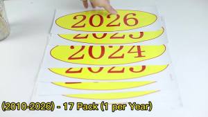 Car Windshield Year  (2010-2026) - 17 Pack(1 per Year) Red & Yellow Large Oval Vinyl - Waterproof Easy to Remove Residue-Free - Ideal for Used Car Dealers & Auto Dealerships
