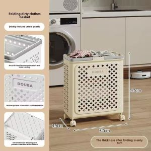 Foldable Plastic Laundry Basket Dirty Clothes Breathable Large Capacity with Handles and Wheels