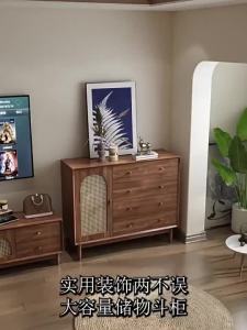 [CozyNest ]Storage Cabinet Multi-Layer Rattan Woven Solid Wood Leg Storage Cabinet Bedroom Wall Mounted Storage Cabinet