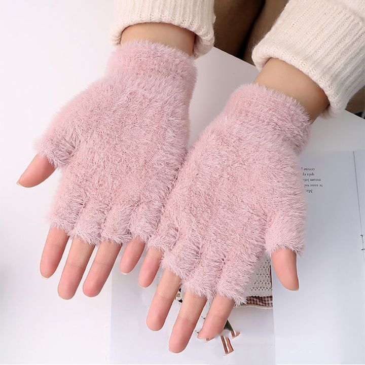 JACOOEQU Fashion Soft Outdoors Female Cold Protection Korean Solid Color  Warm Hand Accessories Faux Fur Mittens Half-finger Gloves Plush Gloves