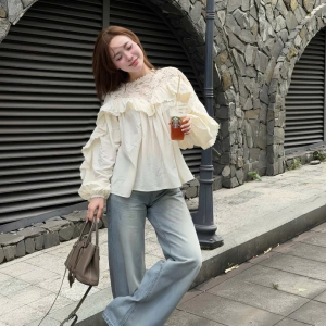 Áo Sơ Mi Phối Ren Bánh Bèo Dáng Babydoll Tay Bồng Phong Cách Tiểu Thư MS138