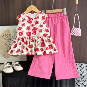 Bear Leader Summer Baby Clothing Girls 2 Pieces Suits Sweet Flower Print Sleeveless T-shirt + Pants Suits Outfits 3-7 Years Kids New Korean Version Clothing Fashion Costumes 3-7 Years